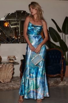 Formal Unique Dresses, Jewelry For Cowl Neck Dress, Blue Beach Dress Wedding, Beach Party Dresses For Women, Blue Marble Dress, Colorful Silk Dress, Blue Beach Dress Summer, Wedding Guest Satin Dress, Unique Blue Dress