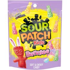 SOUR PATCH KIDS Bunnies Easter Candy are mischief-filled SOUR THEN SWEET treats. Soft, chewy, and fun, this candy brings some fun to any Easter activityespecially when it comes in convenient stand-up pouches! SOUR. SWEET. GONE. First they're sour. Then they're sweet. And now theyre playing Easter Bunny! These chewy candies have the same mouth-puckering taste as the original candy and a cute bunny shape. Whether youre planning an Easter party, stocking up on Easter cupcake decorating supplies, or Easter Candy Gifts, Candy Easter Basket, Easter Egg Fillers, Easter Cupcakes, Bulk Candy