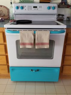 an oven with two towels hanging on it