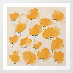 an orange and white painting with yellow flowers on it's back side, in front of a white wall