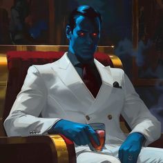 a man sitting in a chair holding a drink and wearing a white suit with red eyes