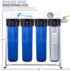 three water filtrators are shown with the measurements for each type of system