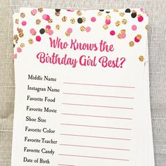 This listing is a 5x7 made to order who knows the birthday girl best game. You can pick 10 lines of text and it can beused fro any occasion - birthday, bridal shower, bachelorette party, etc. Print on paper or have us print and ship to you. 17 Doğum Günü, 17. Geburtstag, Pink And Gold Birthday, Fest Temaer