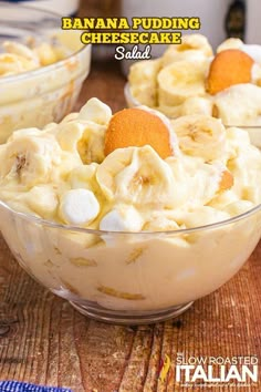 banana pudding cheesecake salad in a glass bowl on a wooden table with text overlay