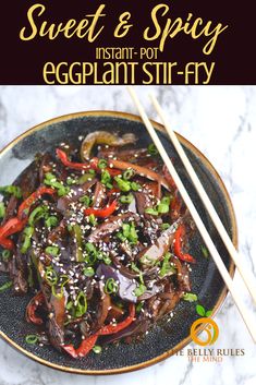 sweet and spicy instant pot eggplant stir - fry with chopsticks on the side