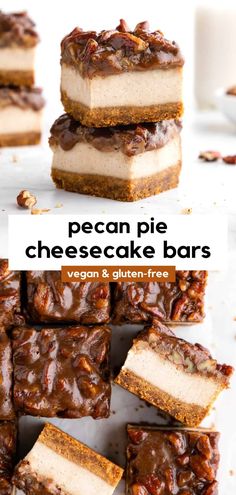 pecan pie cheesecake bars stacked on top of each other with chocolate toppings