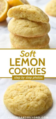 soft lemon cookies stacked on top of each other with the words soft lemon cookies above them