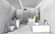 a bathroom with marble walls and flooring is shown in this image, there are three sinks on either side of the bathtub