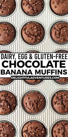 chocolate banana muffins in a cupcake tin with the title overlay reading dairy egg & gluten - free chocolate banana muffins