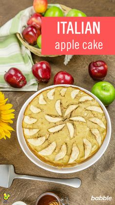 an apple cake on a white plate with apples in the background and text overlay that reads italian apple cake