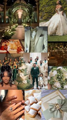 a collage of wedding pictures with green and white colors, including the bride's dress