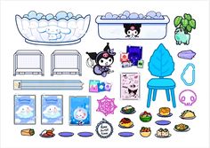 an assortment of items that are in the shape of a bathtub and chair, with cartoon characters on it