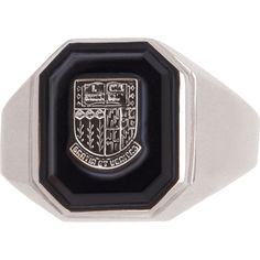 This ring is timelessly classy with an intentionally clean design featuring the Goucher College crest and name in an octagon shape. The sides can contain your degree letters and graduation year date or be left completely untouched and an engraving on the inside adds a personal message. Show the world you're proud of your alma mater with the Signet Ring. Classic Polished Signet Ring For Commemoration, Classic Signet Ring With Engraving For Commemoration, Classic Signet Ring For Commemoration, Classic Formal Rings With Engraved Logo, Octagon Signet Ring With Polished Finish For Anniversary, Classic Engraved Ring With Logo For Anniversary, Elegant Engraved Logo Ring For Formal Occasions, Classic Black Engraved Ring, Elegant Formal Ring With Engraved Logo