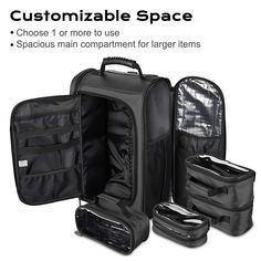 three pieces of luggage are shown with the words, customizable space choose 1 or more to use spaces main compartment for larger items