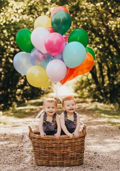 two babies sitting in a basket with balloons