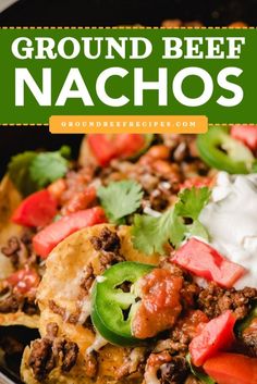 There's so much to love about these loaded nachos with beef! They're a quick weeknight dinner in under 30 minutes. Crunchy, cheesy, and irresistible beefy, this homemade nacho recipe is also an easy appetizer idea everyone will enjoy! Nachos Recipe Easy Ground Beef, Ground Beef For Nachos Recipes, Beefy Nachos, Beef Nachos Recipe, Ground Beef Nachos, Loaded Nachos Recipe, Nachos Recipe Beef, Nacho Recipe, Beef Nachos