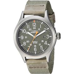 Timex Men's Expedition Scout 40mm Watch *Adjustable Green 20mm Nylon Strap With Genuine Leather Trim Fits Up To 8-Inch Wrist Circumference *Green Dial With Date Window At 3 O'clock; Full Arabic Numerals *Gray 40mm Brass Case With Mineral Glass Crystal *Indiglo Light-Up Watch Dial; Luminous Hands *Water Resistant To 50 M (165 Ft): In General, Suitable For Short Periods Of Recreational Swimming, But Not Diving Or Snorkeling *Get Outside. Take The Road Less Traveled Or Conquer The Highest Mountain Casual Watches With Leather Strap For Everyday Use, Casual Adjustable Watch Accessories For Outdoor, Casual Leather Watch Accessories For Outdoor, Casual Adjustable Outdoor Watch Accessories, Casual Everyday Watch With Leather Strap, Casual Watches With Adjustable Leather Strap, Adjustable Watch Accessories With Analog Display For Outdoor, Casual Automatic Watch Accessories For Outdoor, Casual Brown Watch Accessories With Subdials