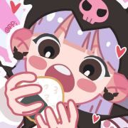 a cartoon girl eating a donut with hearts around her neck and hands on her face