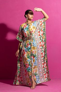 Explore elegance in a chanderi printed kaftan, meticulously handcrafted from cotton silk. Adorned with a hand-painted floral jaal on the chanderi base, this relaxed-fit garment combines comfort with sophisticated style. Spring Silk Kaftan With Printed Motifs, Kurta With Printed Motifs And Kimono Sleeves, Eid Multicolor Block Print Kaftan, Summer Silk Kurta With Digital Print, Festive Multicolor Printed Kaftan, Silk Kurta With Floral Print In Maxi Length, Silk Maxi Kurta With Floral Print, Festive Multicolor Silk Kaftan, Festive Floral Print Maxi Kaftan