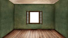 an empty room with a window and wooden floor in front of a cloudy sky background