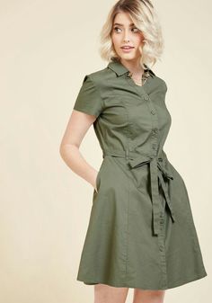 Olive Fitted Casual Dress, Casual Fitted Olive Dress, Fitted Olive Casual Dress, Fitted Olive Dress With Short Sleeves, Fitted Short Sleeve Olive Dress, Cute Work Clothes, Womens Work Clothes, A Line Shirt Dress, Green Short Dress