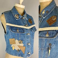 "Vintage 80s Threads On Threads Jewelry and leather adorned denim vest. 100% cotton  Made in Hong Kong Label size S/M Great condition  18\" across the chest  16\" across the waist  19-3/4\" from collar fold to hem" Vintage Denim Vest For Festival In Fall, Retro Denim Vest For Fall, Festival Cotton Denim Vest With Pockets, Vintage Denim Vest For Fall Festival, Vintage Cotton Denim Jacket For Festival, Festival Denim Vest With Pockets, Fitted Vintage Denim Jacket For Festivals, Vintage Fitted Denim Jacket For Festivals, Vintage Cotton Denim Vest For Festivals