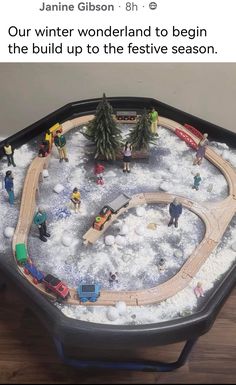 a toy train set with people and trees in it on top of snow covered ground