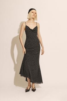 Silhouette endurance. The Monroe Cowl Neck Maxi Dress is a timeless event dress in a languid maxi design with narrow adjustable straps, a cowl neckline, bias cut and dainty polka dot detailing.SIZING: AU: True to size. Model wears a size 8 / US: Model wears a size 4.FABRICATION: Main: 100% polyester. Lining: 100% polyester. Exclusive of trims. - Bias cut - Narrow adjustable straps  - Cowl neckline Corsets Fashion, Cowl Neck Maxi Dress, Mum Jeans, Maxi Design, Day To Night Dresses, Event Dress, White Cocktail Dress, Maxi Dress Black, Wide Jeans