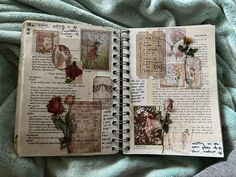 an open book with pictures and flowers on it