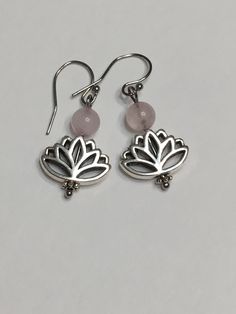 "Lotus flower silver plated dangling earrings. Stainless steel fish hook wire. 1.5\" top to bottom, 15.mm wide, 6mm pink quartz bead. Hand made Jewelry!" Round Pearl Earrings, Woman Jewelry, Rose Quartz Earrings, Earrings Pink, Dangling Earrings, Quartz Earrings, Pink Quartz, Hand Made Jewelry, Fish Hook