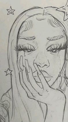 a drawing of a woman holding her hand to her face with stars above her head