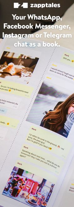 an open book with photos and text on the pages that say whatsapp chat as a book