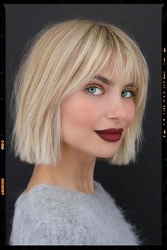 Short Blunt Bob with Brow Skimming Bangs Blond Bob With Bangs Fine Hair, Side Bob With Bangs, Modern Bangs Short Hair, Short Bob Hairstyles Fringe, Short Fine Hair Haircuts, Fine Fringe Hairstyles, Bob With Bangs Round Face Over 40, Bobbed Hair With Fringe, Short Hair Haircuts For Women With Bangs