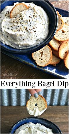 a bowl filled with bagel dip next to crackers