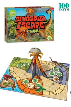 the dinosaur escape board game is shown in front of an image of dinosaurs and volcanos