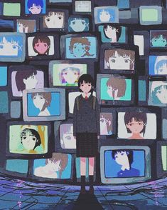 a person standing in front of televisions with faces on them