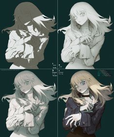 four different images of anime characters with long hair and white hair, one is holding her hands on her chest