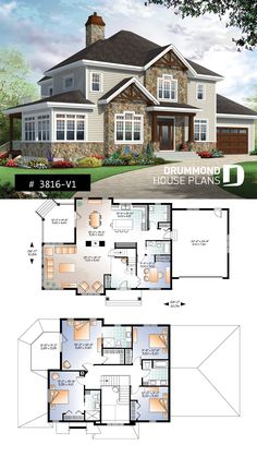 two story house plan with 3 car garage and living room in the front, one bedroom on