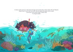 an illustration of a girl diving in the ocean with sea animals and corals around her