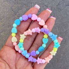 A Set Of Two Rainbow Beaded Bracelets. Each Set Will Have One Star Bracelet And One Heart Bracelet. Size: 5” (Approx. 12-24 Months) 5.5” (Approx. 2-5 Years) 6” (Approx. 5-8 Years) 6.5” (Approx. Teen/Small Adult) 7” (Approx. Adult) 7.5” (Approx. Adult) Sizing Chart Provided Is A Guide To Ordering A Size. Please Understand These Measurements Are Only Estimates. Measure The Wrist With A Flexible Measuring Tape For A More Custom Fit. ( I Recommend Adding A Half An Inch To Allow Room For Movement) Ca Kids Bead Bracelet, Bracelets Heart, Bracelet Star, Jewelry Kids, Candy Bracelet, Beading For Kids, Bracelet Rainbow, Baby Bangles, Comedian Quotes