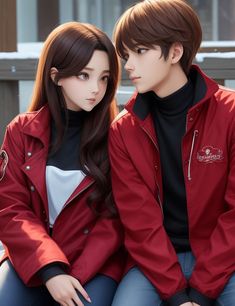 two people sitting next to each other wearing red jackets