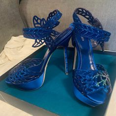 Brand New Sergio Rossi Blue Satin Chloris Sandals / Heels With Swarovski Crystals. New In Box, Perfect Condition, Never Worn. Made In Italy, Size 40. Paid $1795 New! Sergio Rossi Heels, Rose Gold Heels, Sequin Heels, Platform Pumps Heels, Sergio Rossi Shoes, Beige Pumps, Rossi Shoes, Metallic Heels, Loafers Style