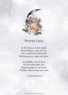 an owl sitting on top of a tree next to a snow covered ground with the words winter