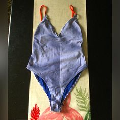 Brand New! Cute And Preppy Blue And White Striped Swimsuit With Orange Spagetti Straps. Scoop Back Zara Brand Size Medium Striped Lined Swimwear For Summer, Striped One-piece Swimwear For Spring, Spring Striped One-piece Swimwear, Blue Lined Swimwear For Summer, Zara Swimwear For Summer Pool Time, Zara Swimwear For Summer Pool, Zara Summer Beach Swimwear, Zara Swimwear For Spring Pool Season, Zara Swimwear For Spring Pool Occasions