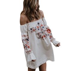 Boho Loose Off Shoulder Floral Shirt Dress Off Shoulder Casual Dress, Mini Skirt Fashion, Off Shoulder Mini Dress, Embroidery Skirt, Evening Mini Dresses, Floral Shirt Dress, Womens Floral Dress, Mini Dress Casual, Festival Dress