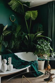 a living room with green walls and plants