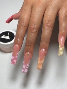 Valentine Nail Design Ideas, Easter Nail Inspo Acrylic, Tappered Nails Square Long French Tip, Nail Shop Outfit, Valentine Neutral Nails, Creative Valentines Nails, Mail Inspo With Gems, Valentine Nail Inspiration, Valentines Nail Inspiration