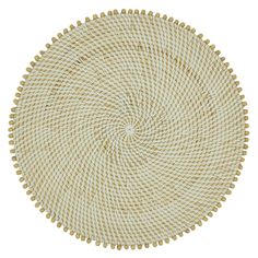 a white and tan woven placemat on a white background with circles in the center