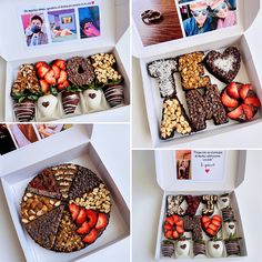 four pictures of different types of chocolates and strawberries in a white gift box