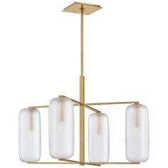 a brass chandelier with three white glass shades hanging from the ceiling, on an isolated